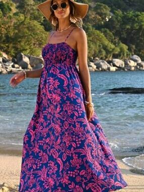 Maxi Sundress with Smocked Bust, Spaghetti Straps, Flowy A-Line Fit Size L